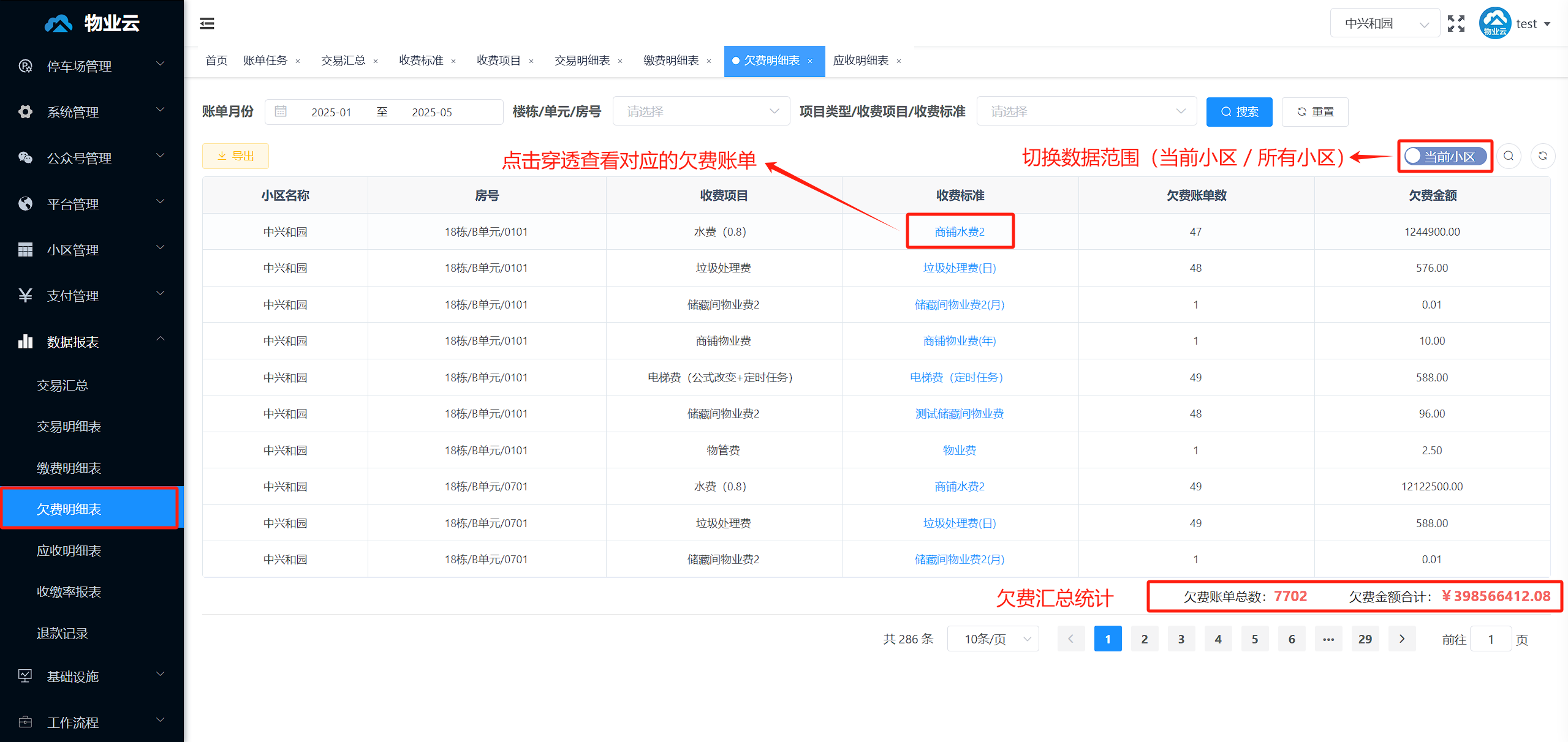 欠费明细表